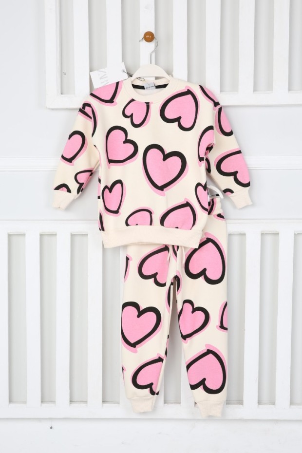 Üç İplik Şardonlu Baskılı Pembe Takım 