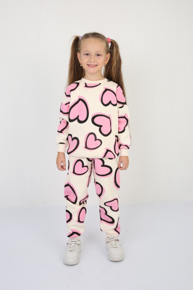 Üç İplik Şardonlu Baskılı Pembe Takım 