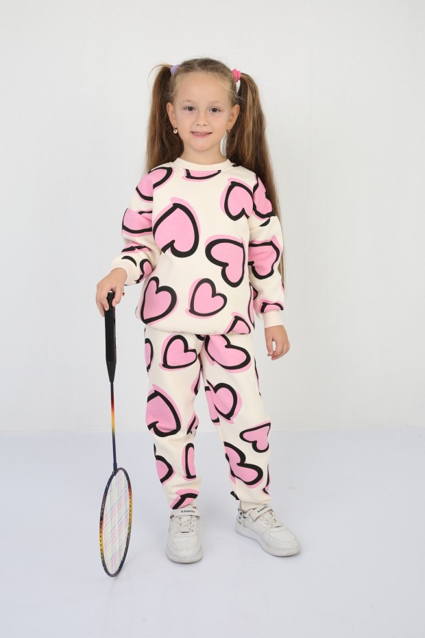 Üç İplik Şardonlu Baskılı Pembe Takım 