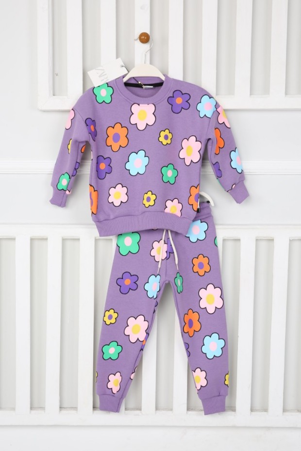 Üç İplik Şardonlu Baskılı Lila Takım 