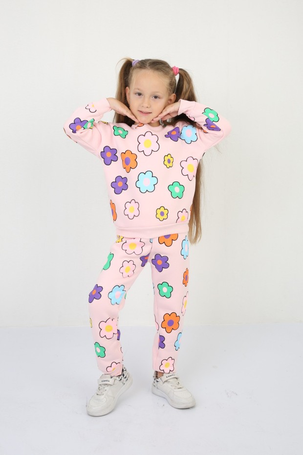 Üç İplik Şardonlu Baskılı Pembe Takım 