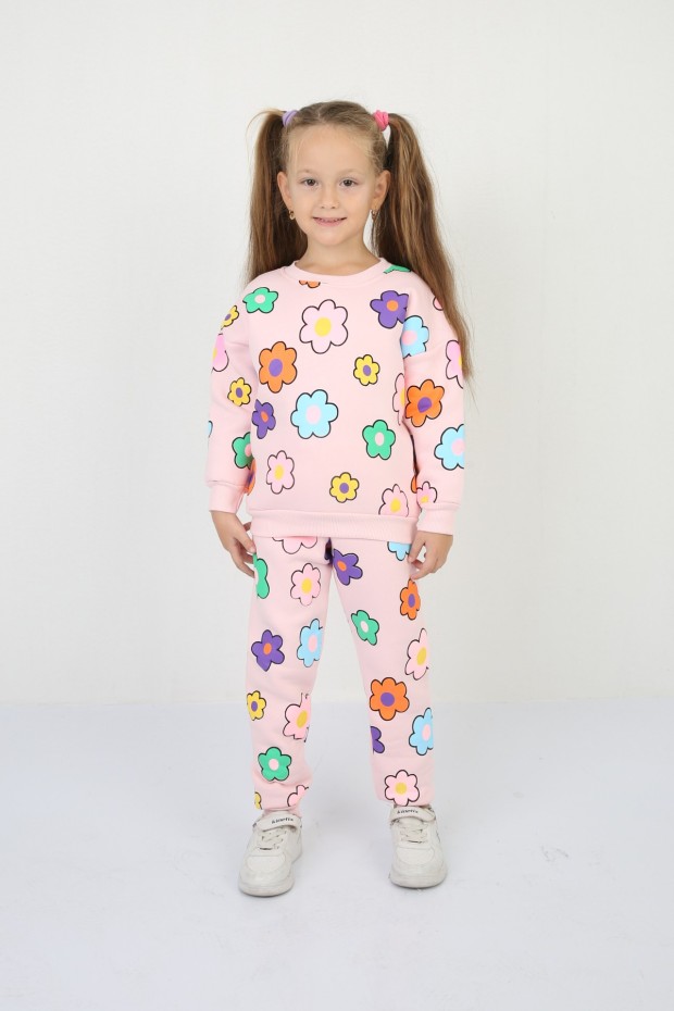 Üç İplik Şardonlu Baskılı Pembe Takım 