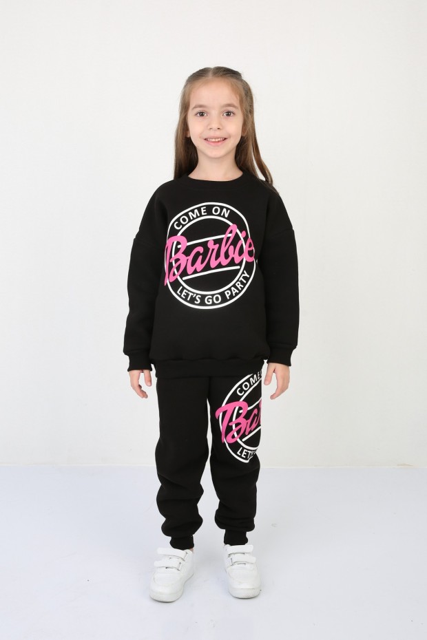 Üç İplik Şardonlu Baskılı Siyah Takım 