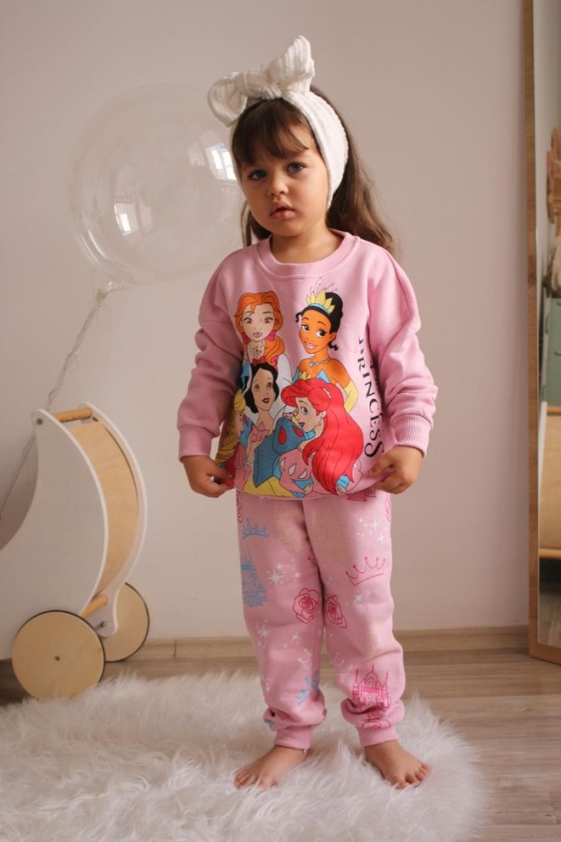 Üç İplik Şardonlu Baskılı Pembe Takım