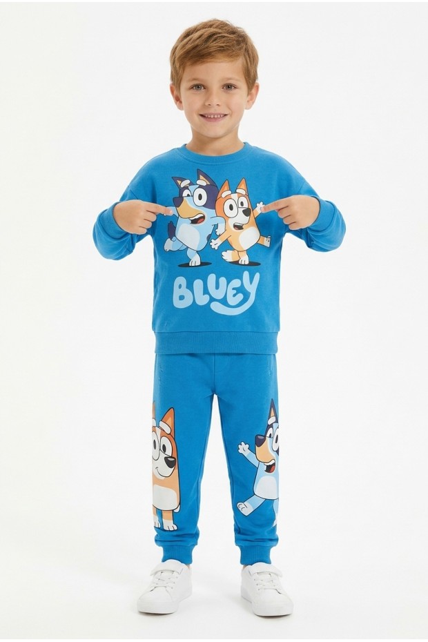Erkek Çocuk Üç İplik Şardonlu Bluey Arka Baskılı Bisiklet Yaka Uzun Kollu Günlük Takım 