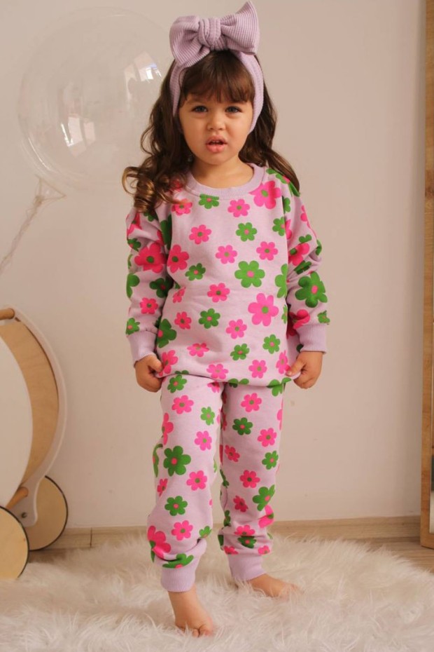 Üç İplik Şardonlu Baskılı Lila Takım 