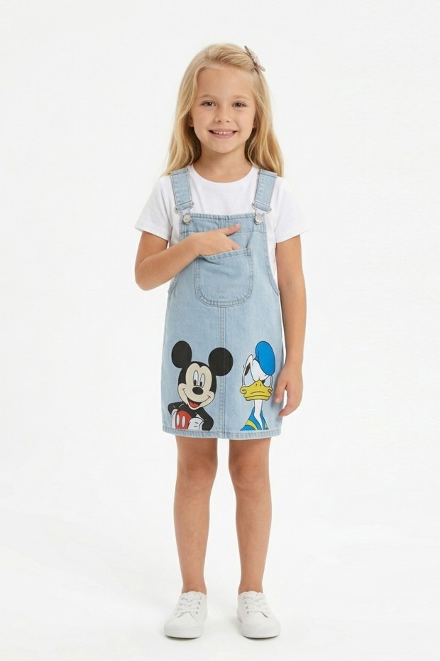 Baskılı Askılı Mavi Kot Elbise