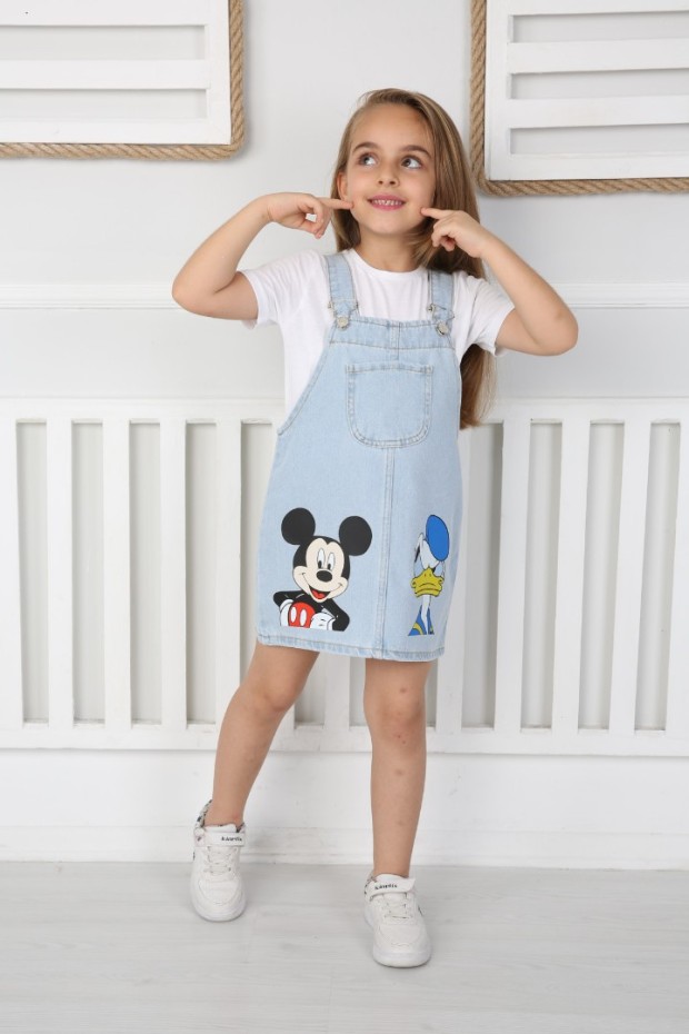 Baskılı Askılı Mavi Kot Elbise