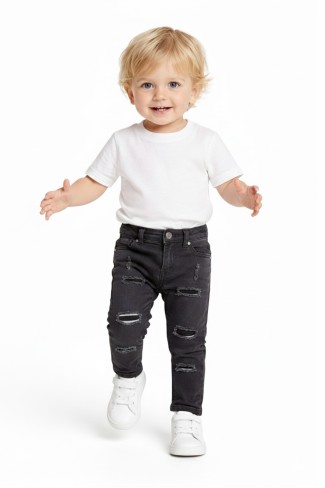 Bebek Yırtık Detaylı Dar Paça Beli Lastikli Likralı Esnek Kot Pantolon 