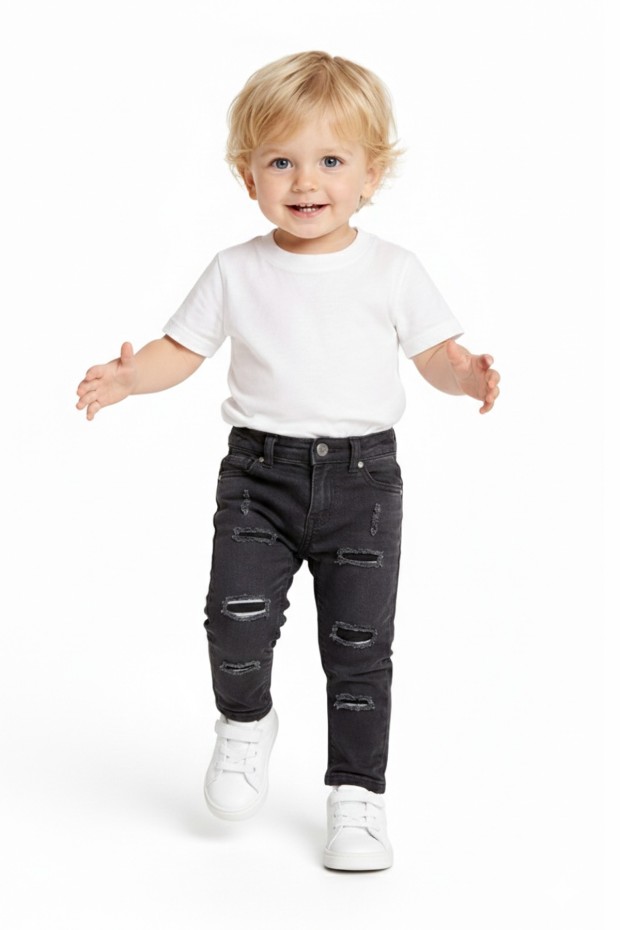 Bebek Yırtık Detaylı Dar Paça Beli Lastikli Likralı Esnek Kot Pantolon 