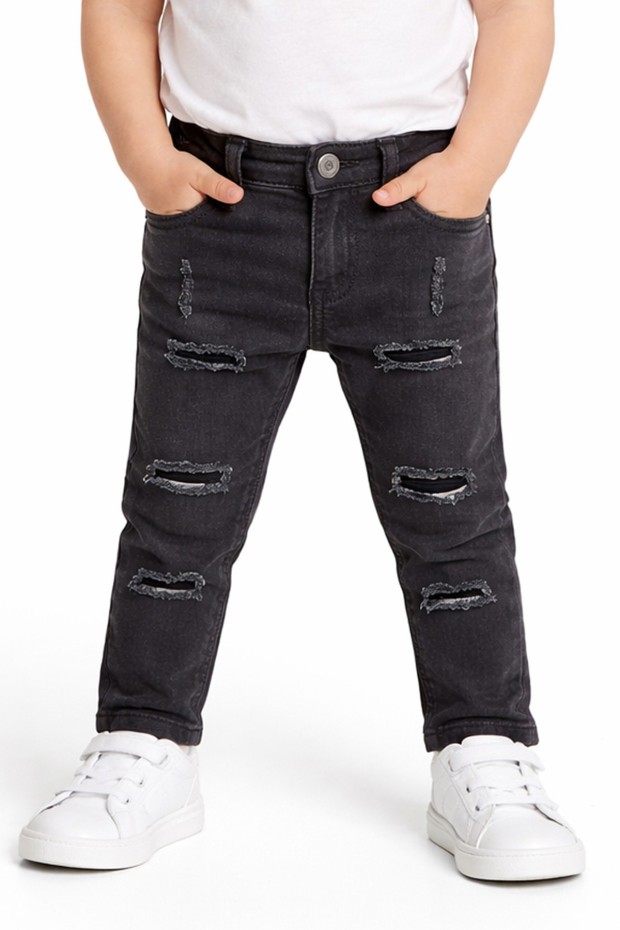 Bebek Yırtık Detaylı Dar Paça Beli Lastikli Likralı Esnek Kot Pantolon 