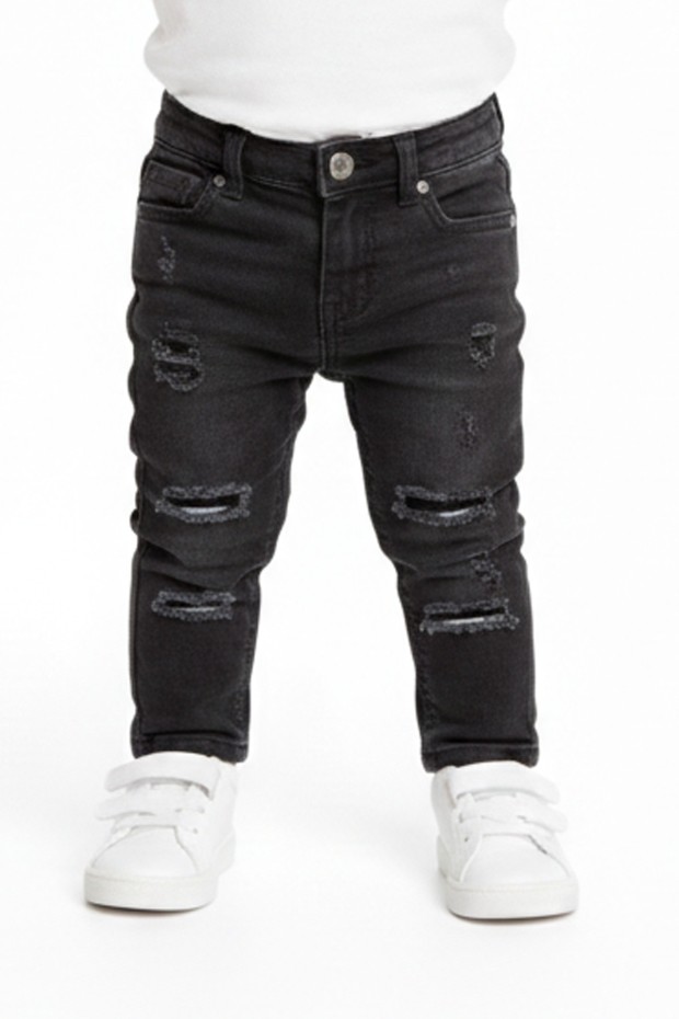 Bebek Yırtık Detaylı Dar Paça Beli Lastikli Likralı Esnek Kot Pantolon 