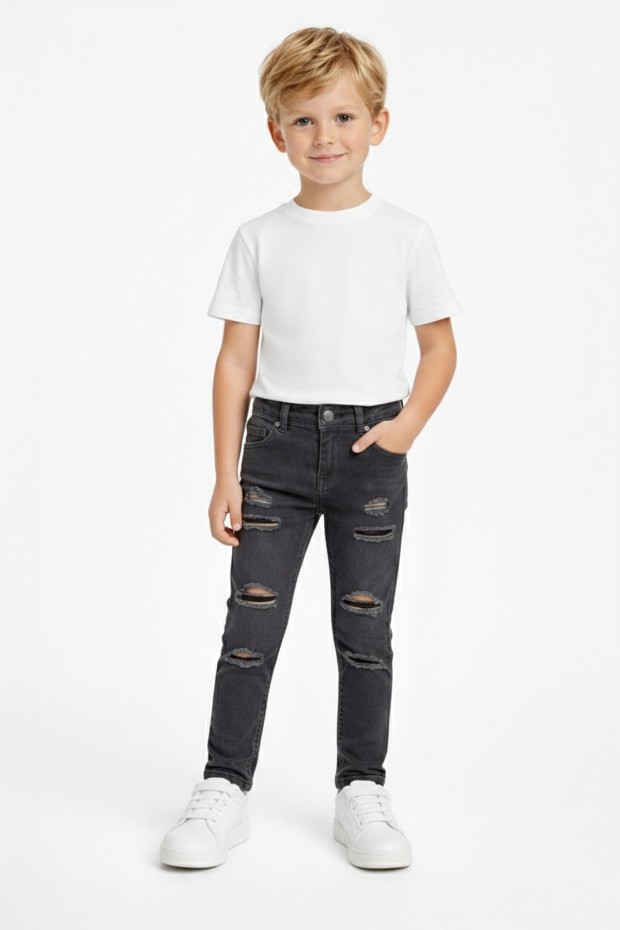 Erkek Çocuk Yırtık Detaylı Dar Paça Beli Lastikli Likralı Esnek Kot Pantolon