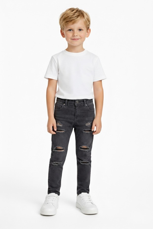 Erkek Çocuk Yırtık Detaylı Dar Paça Beli Lastikli Likralı Esnek Kot Pantolon