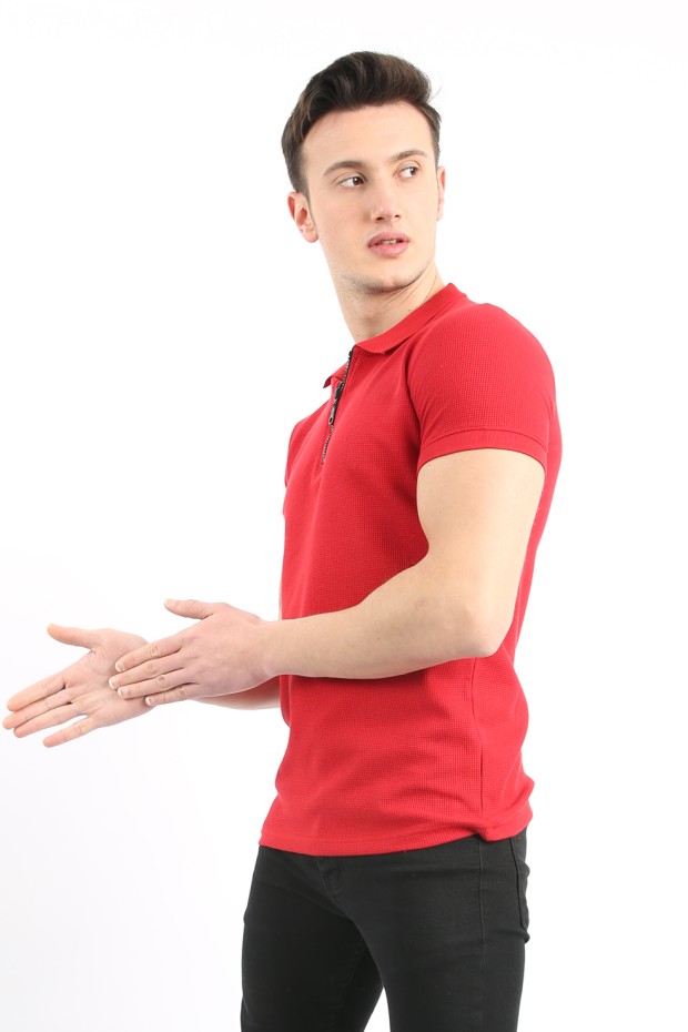 Fermuarlı Polo Yaka Waffle Kumaş Düz Kırmızı Tişört