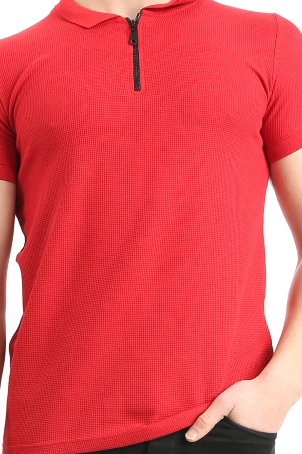 Fermuarlı Polo Yaka Waffle Kumaş Düz Kırmızı Tişört