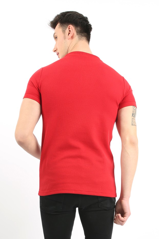Fermuarlı Polo Yaka Waffle Kumaş Düz Kırmızı Tişört